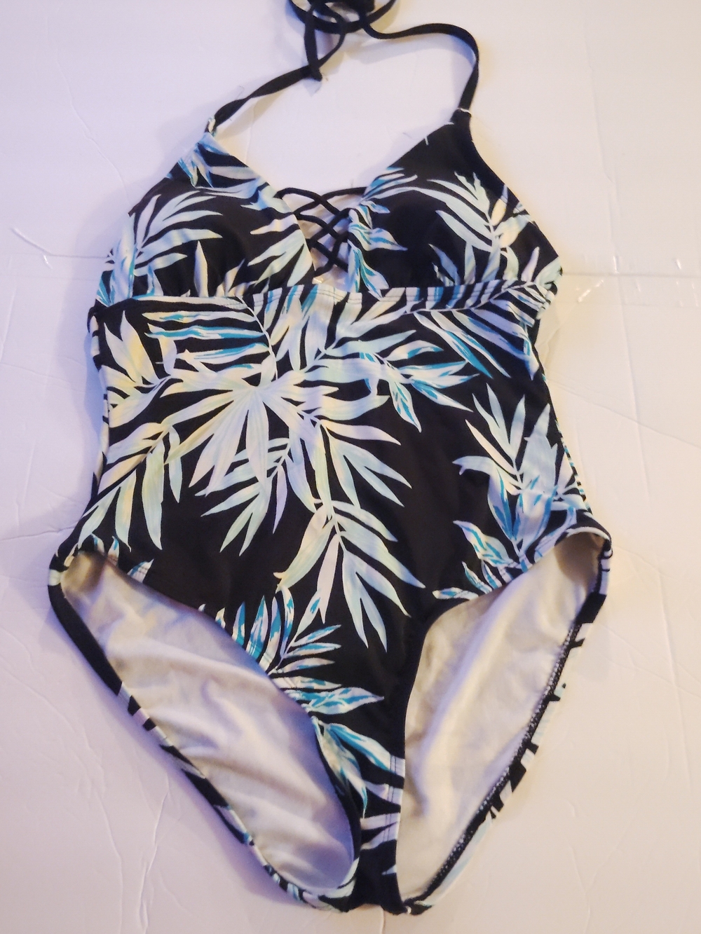 Apt. 9 Black One-Piece Swimsuit with Blue-Green Tropical Leaf Print